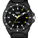 Q&Q V30A‑003VY men’s wristwatch – rugged analog watch with black dial and yellow accents, TopTime Shop Kenya