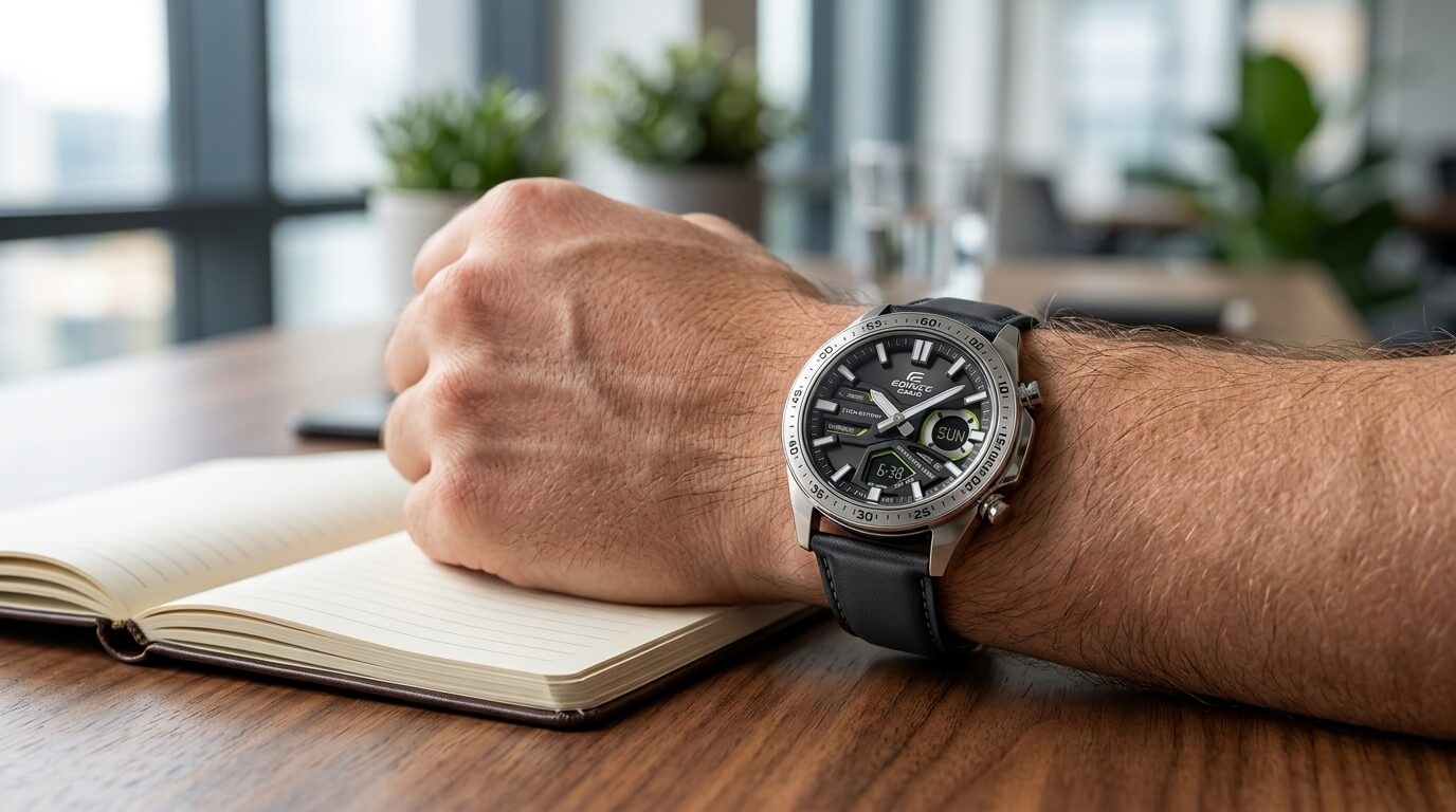 Close-up of a Casio Edifice caseback with the model reference number being checked before purchase in Kenya