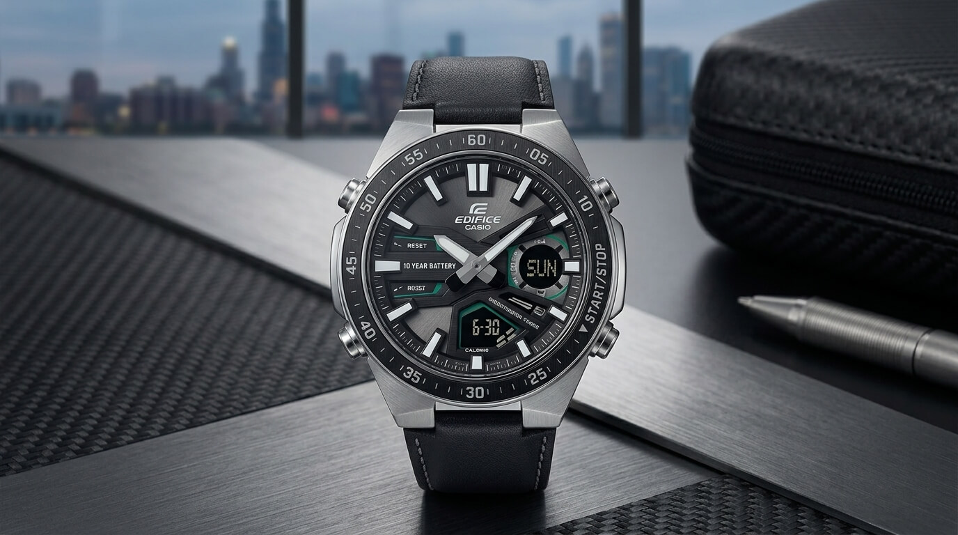 Casio Edifice EFV chronograph watch with black dial and silver case