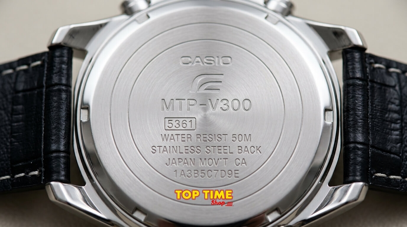 Close up of authentic Casio watch case back engraving