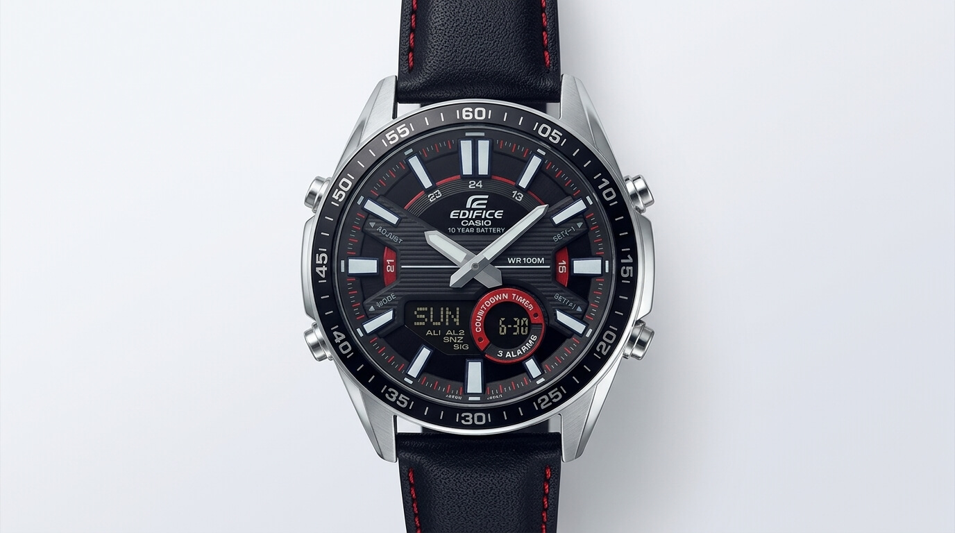 Casio Edifice watch worn on a wrist with a formal shirt sleeve