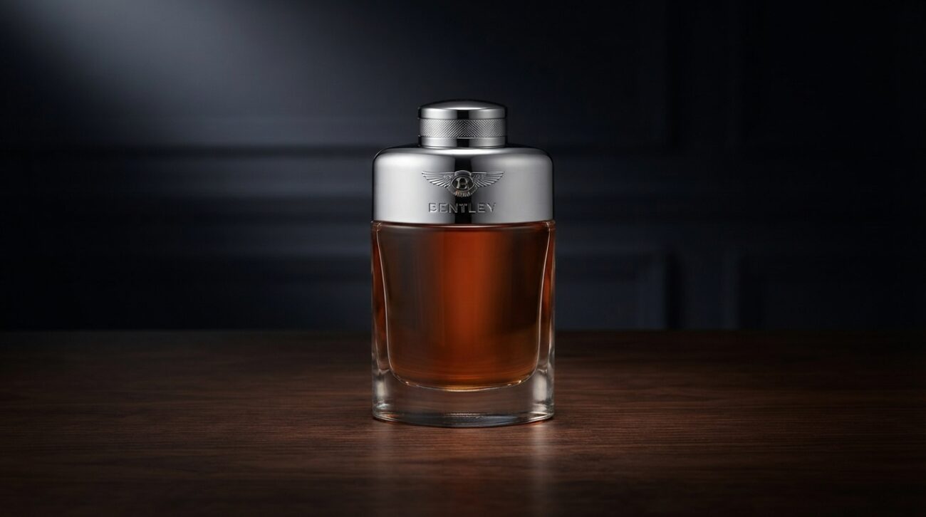 Designer men's cologne bottle on a dark wooden surface