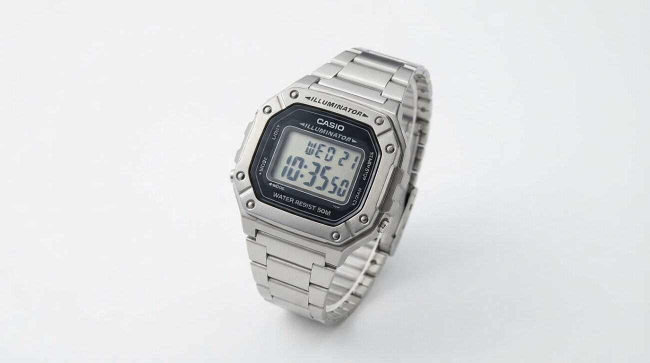 Casio W-218HD watch with metal-look bezel and steel band