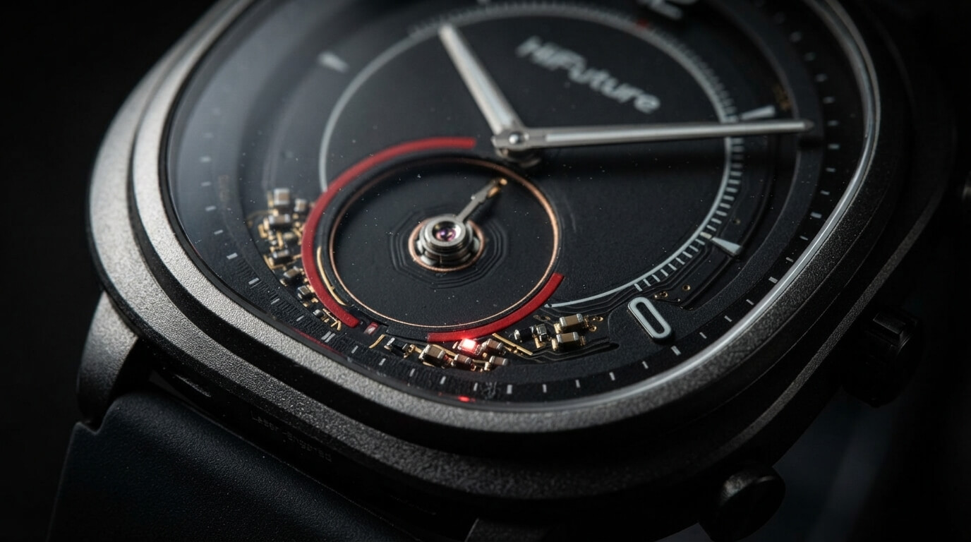 Close-up of a smartwatch display showing sensor and chipset detail