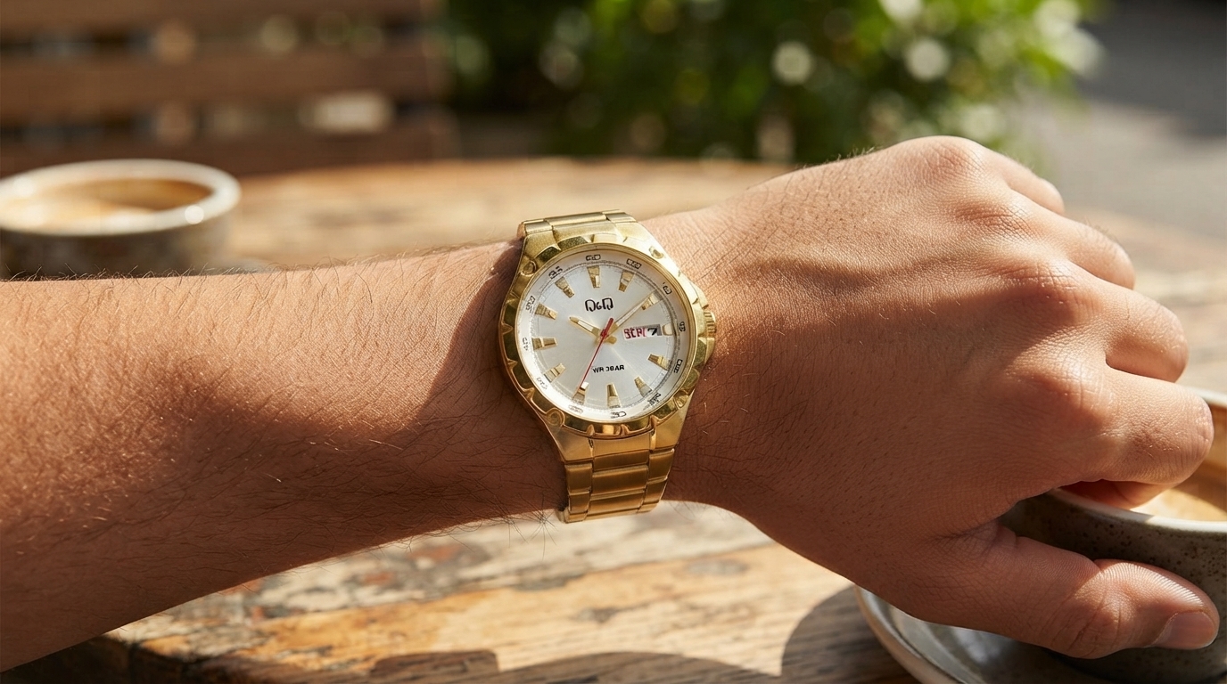 Q&Q analogue watch with simple dial on a wrist