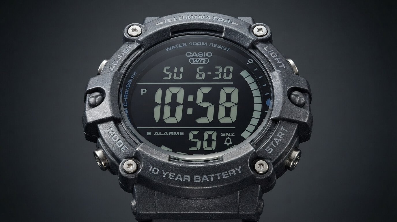 Close-up of a Casio digital watch case showing resin and steel construction