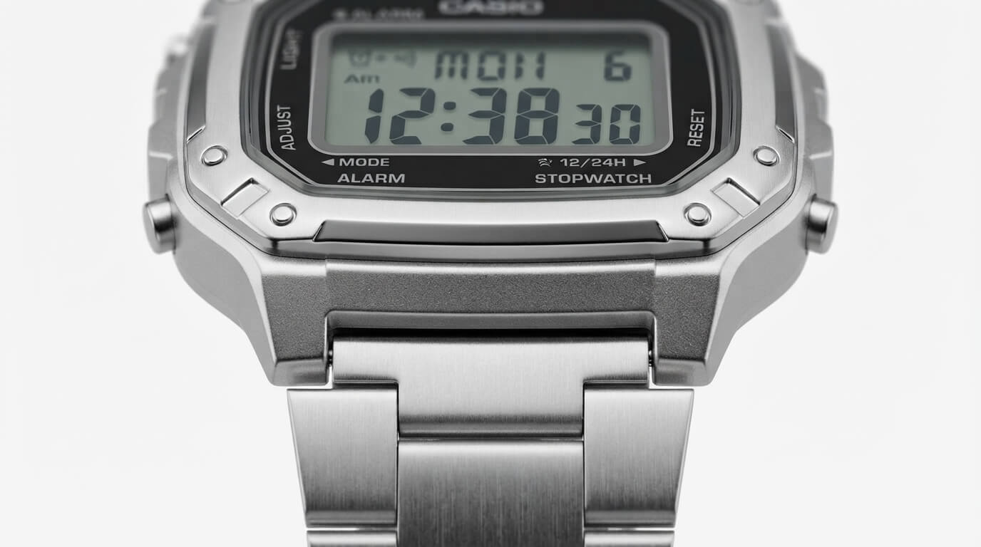 Casio W-218HD watch with metal-look bezel and steel band