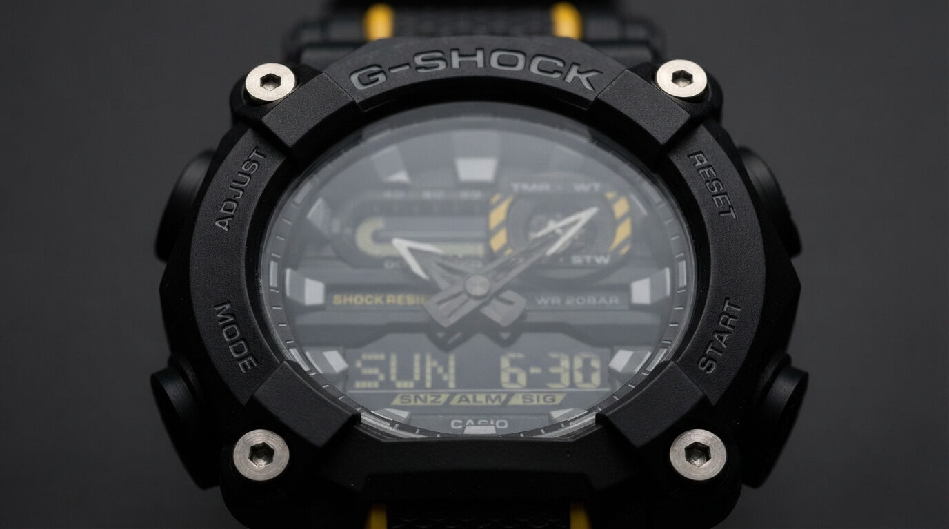 G-Shock GA-900 watch with industrial nut-and-bolt bezel design