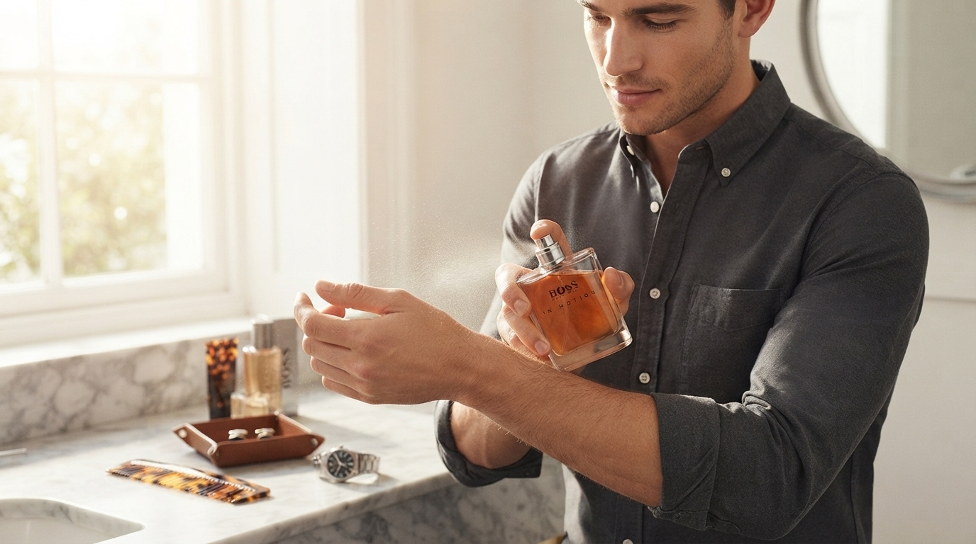 Man applying designer cologne to his wrist