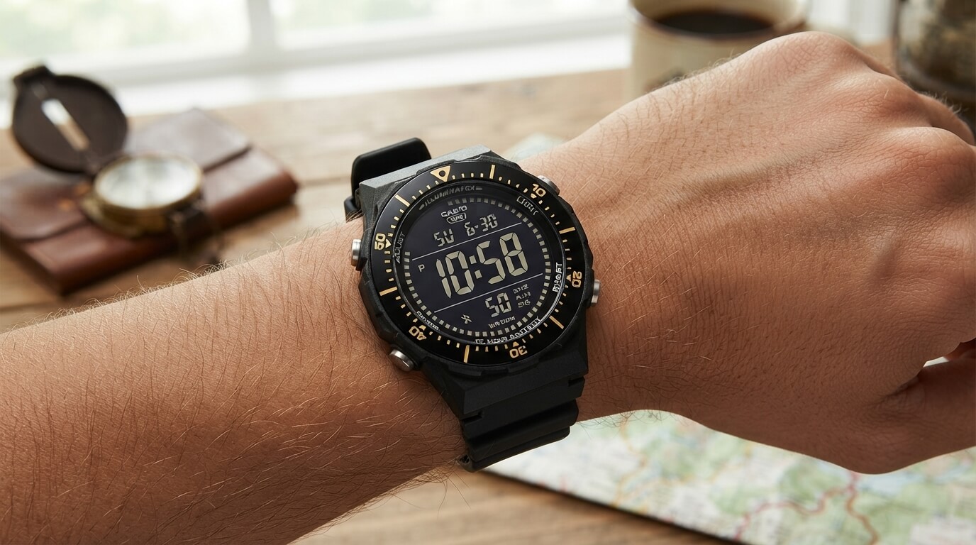 Casio digital watch worn on a wrist showing the display and buttons