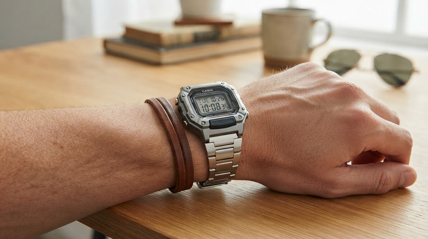 Casio W-218HD worn on a wrist showing the steel band