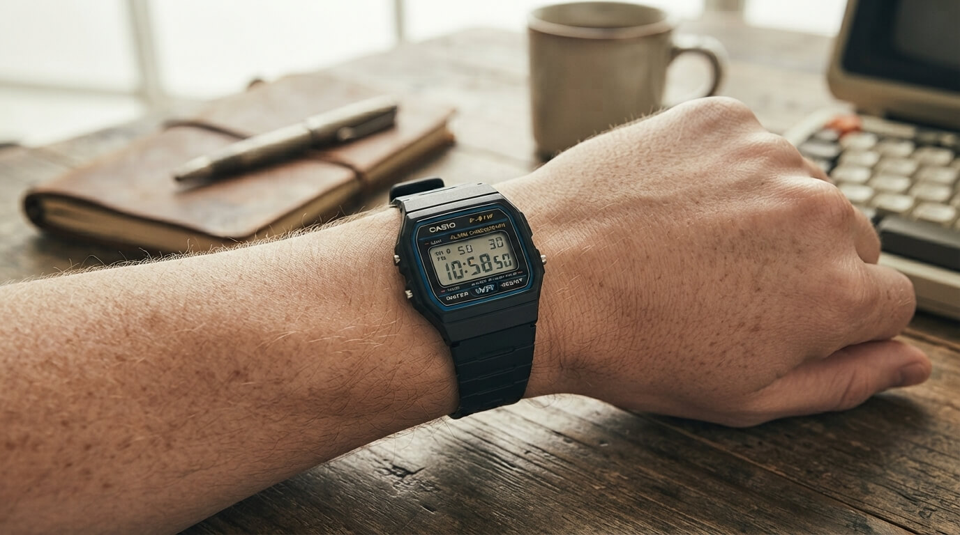 Casio F-91W worn on a wrist showing the simple digital display