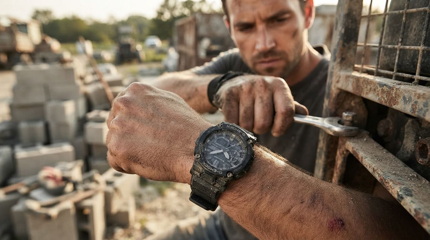 G-Shock GA-900 worn on a wrist during outdoor work