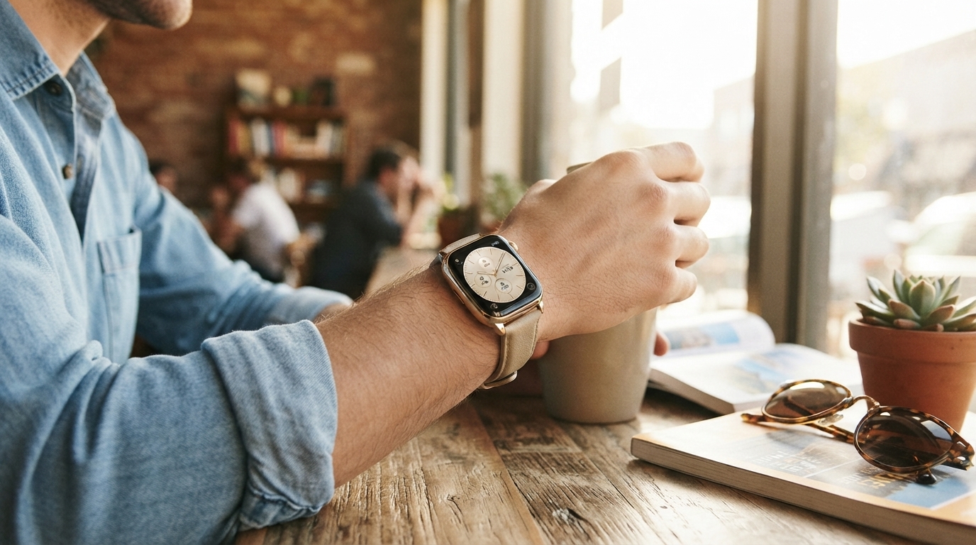 Person wearing a HiFuture Lume Champagne smartwatch