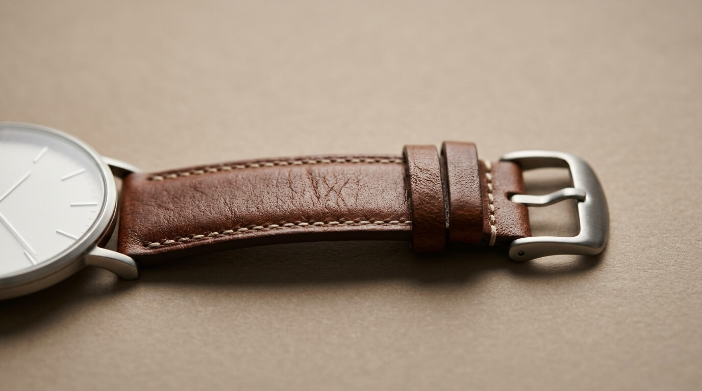 Fossil minimalist dial watch close-up showing strap detail