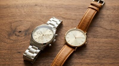 Fossil watches in Kenya, chronograph and leather strap styles on a wooden surface