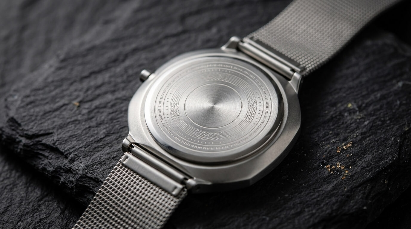 Obaku Octagonal watch case back showing engraving detail